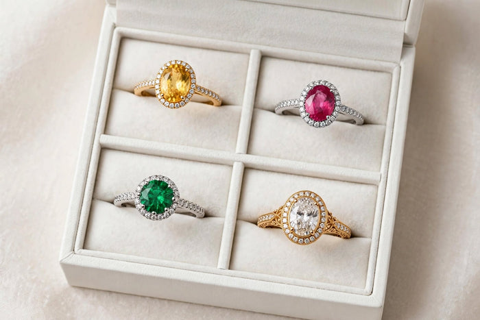 Birthstone Luxury 4-Piece Halo Rings Bundle 🌈💍 | Green Emerald, Smoky Brown, Sapphire Blue | Adjustable Birthstone Rings | BACHAT BEAT