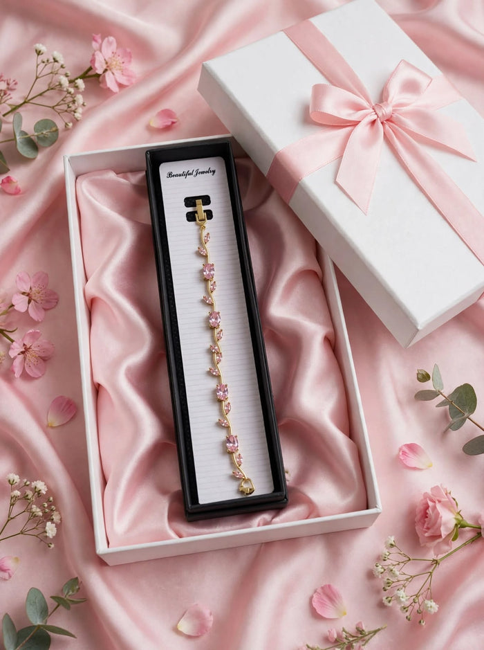 Pink Crystal Leaf Bracelet for Women – Gold Plated Floral Vine Bracelet | Adjustable | Gift for Her | BACHAT BEAT