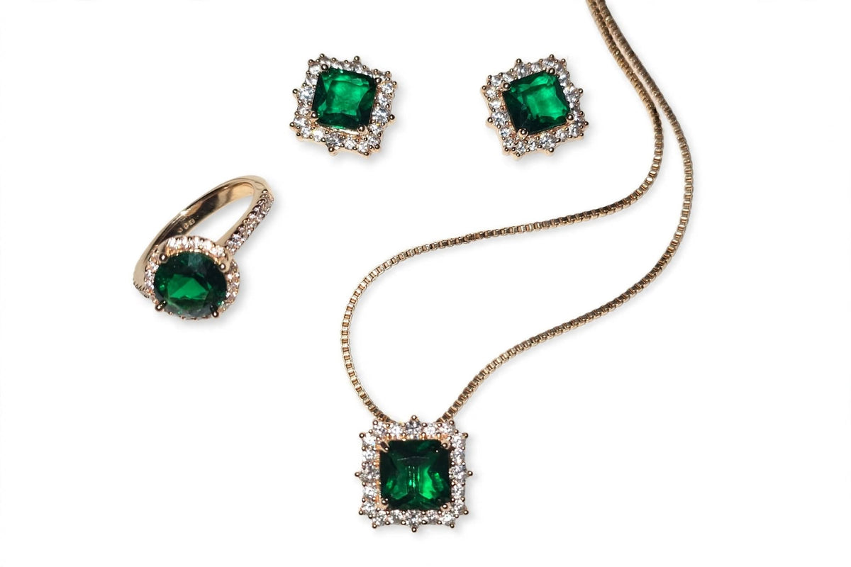 Emerald Green Square Halo Jewelry Set – Green Zircon 3 Piece Set | BACHAT BEAT