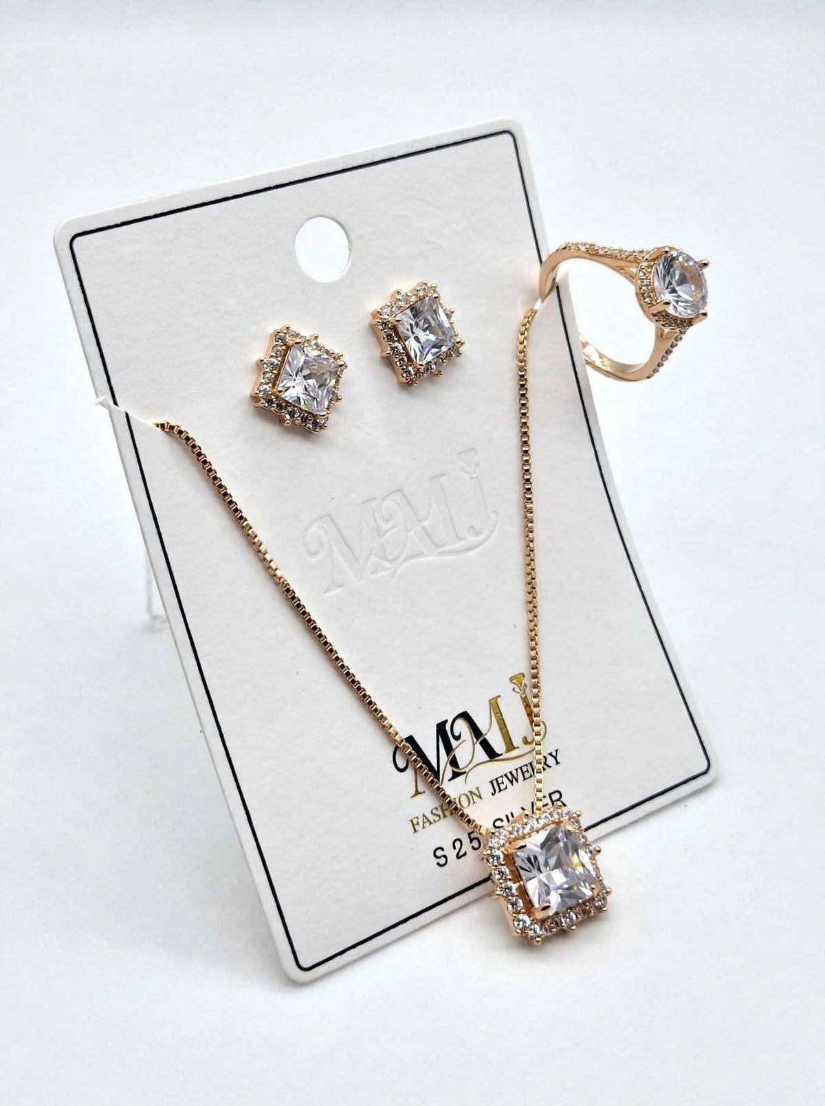 Diamond White Square Halo Jewelry Set –  Earrings & Ring – Bridal 3 Piece Set | BACHAT BEAT