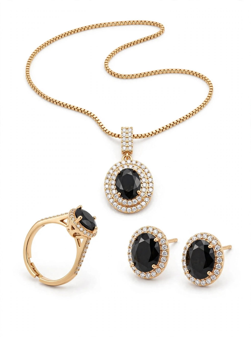 Midnight Black Oval Double Halo Jewelry Set – Earrings & Adjustable Ring – 3 Piece Luxury Set for Women | BACHAT BEAT