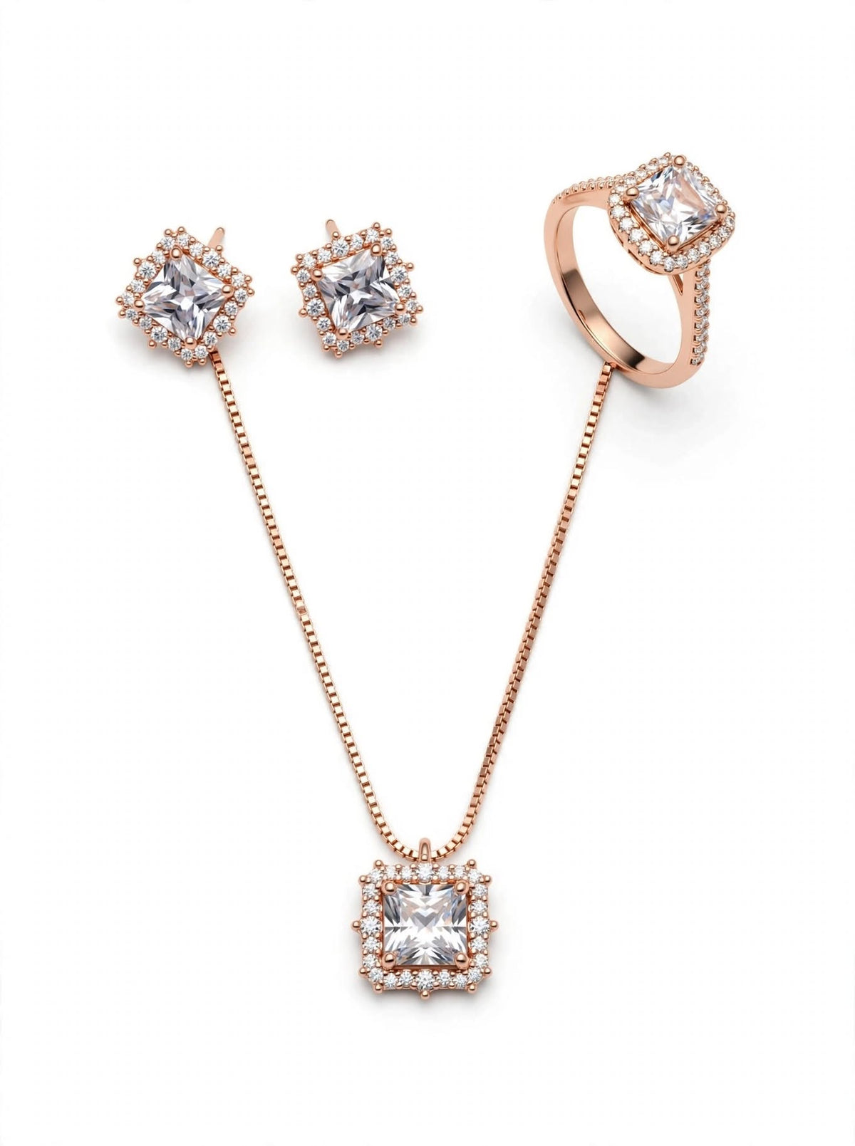 Diamond White Square Halo Jewelry Set –  Earrings & Ring – Bridal 3 Piece Set | BACHAT BEAT