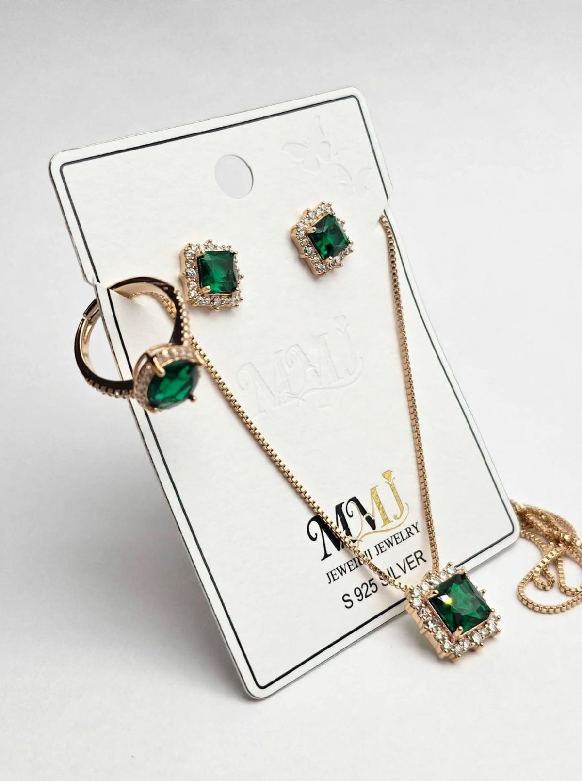 Emerald Green Square Halo Jewelry Set – Green Zircon 3 Piece Set | BACHAT BEAT