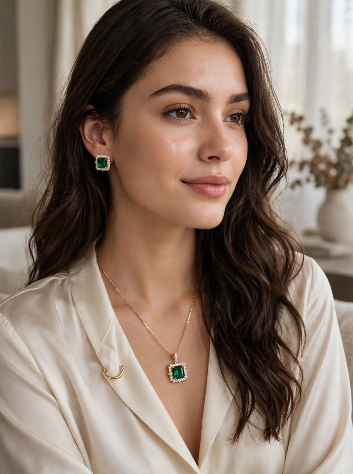 Emerald Green Square Halo Jewelry Set – Green Zircon 3 Piece Set | BACHAT BEAT