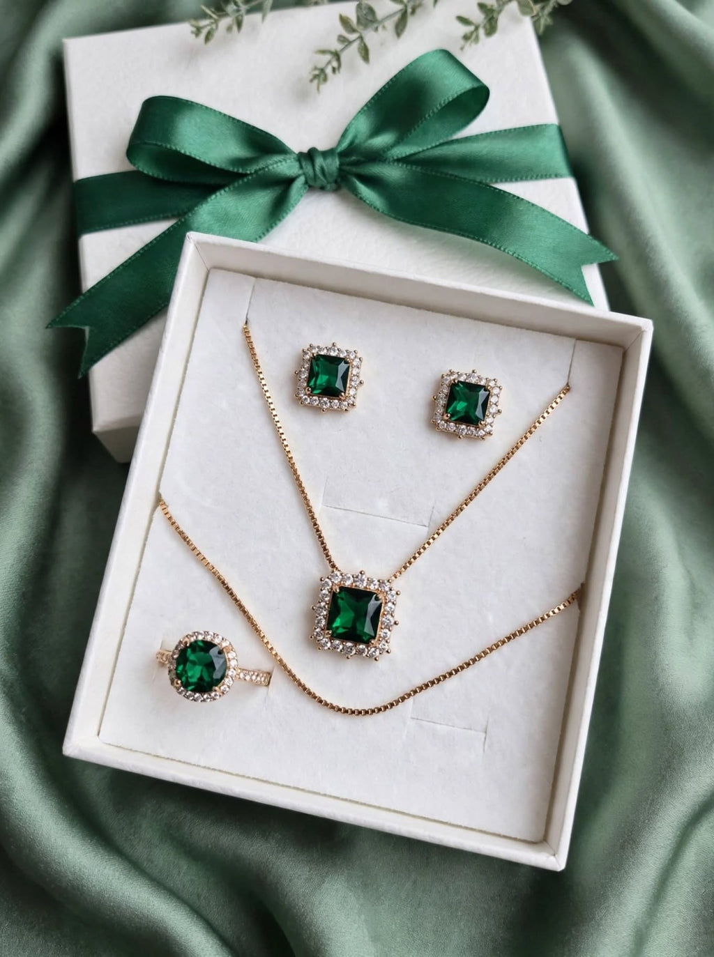 Emerald Green Square Halo Jewelry Set – Green Zircon 3 Piece Set | BACHAT BEAT