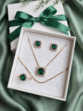 Emerald Green Square Halo Jewelry Set – Green Zircon 3 Piece Set | BACHAT BEAT