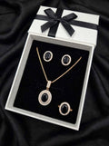 Midnight Black Oval Double Halo Jewelry Set – Earrings & Adjustable Ring – 3 Piece Luxury Set for Women | BACHAT BEAT