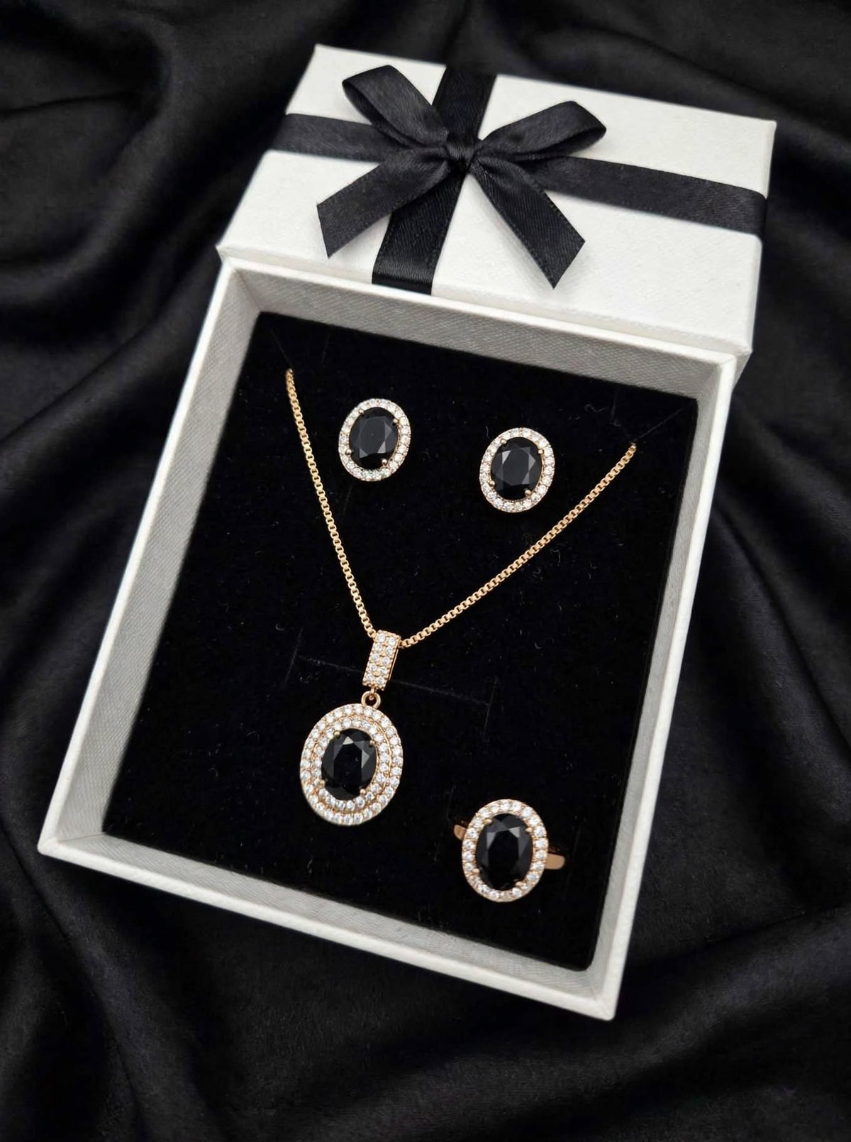 Midnight Black Oval Double Halo Jewelry Set – Earrings & Adjustable Ring – 3 Piece Luxury Set for Women | BACHAT BEAT