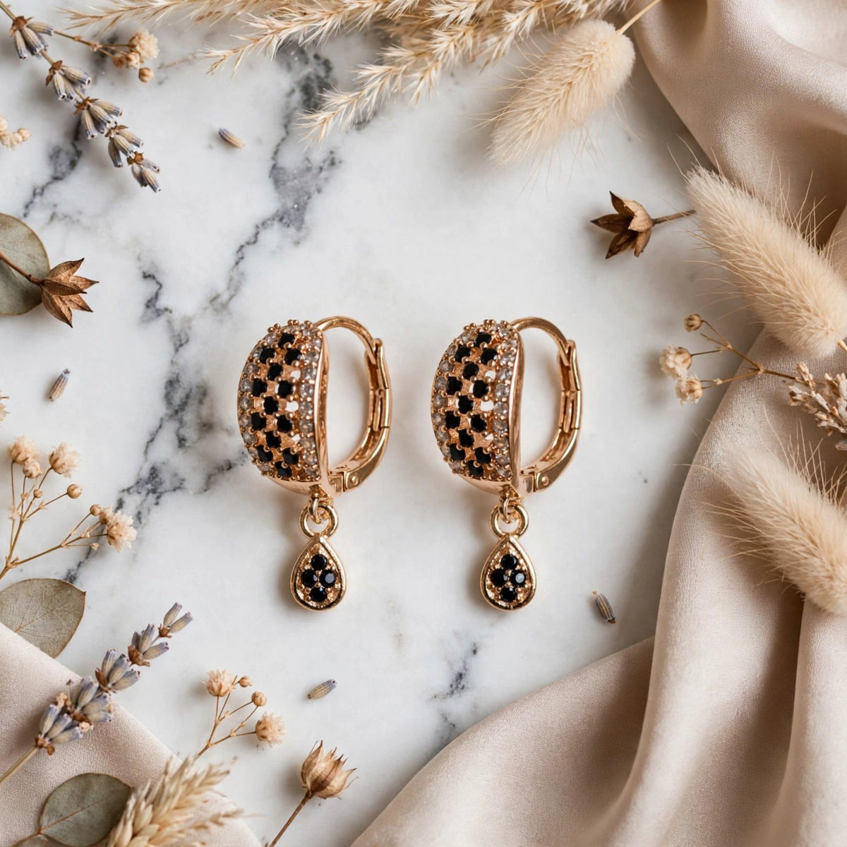 BACHAT BEAT Crystal Pave Huggie Earrings Collection – 2 Designs | Pink & Black Checkered Teardrop Huggie Earrings | Gold Huggie Hoop Earrings for Women | Party Wear 💎💖