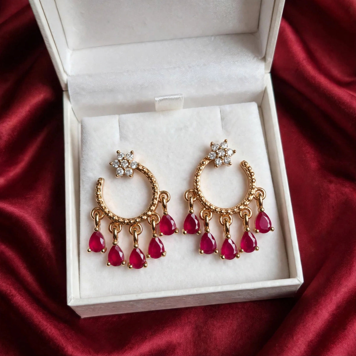 Gold Chandbali Earrings for Women Ruby Red, Black Onyx, Emerald Green & Peach Teardrop Huggie Jhumka | Traditional Pakistani Party Wear ✨🌙
