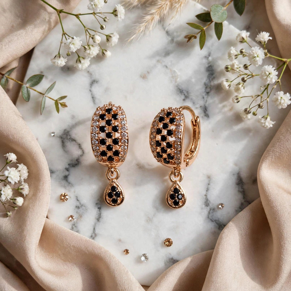 BACHAT BEAT Crystal Pave Huggie Earrings Collection – 2 Designs | Pink & Black Checkered Teardrop Huggie Earrings | Gold Huggie Hoop Earrings for Women | Party Wear 💎💖