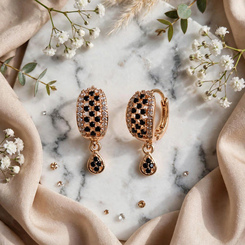BACHAT BEAT Crystal Pave Huggie Earrings Collection – 2 Designs | Pink & Black Checkered Teardrop Huggie Earrings | Gold Huggie Hoop Earrings for Women | Party Wear 💎💖