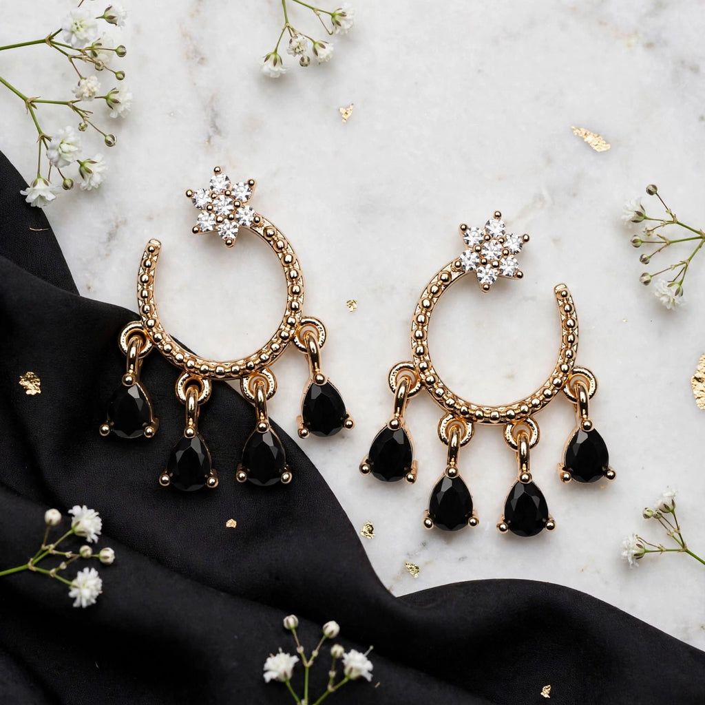 Gold Chandbali Earrings for Women Ruby Red, Black Onyx, Emerald Green & Peach Teardrop Huggie Jhumka | Traditional Pakistani Party Wear ✨🌙