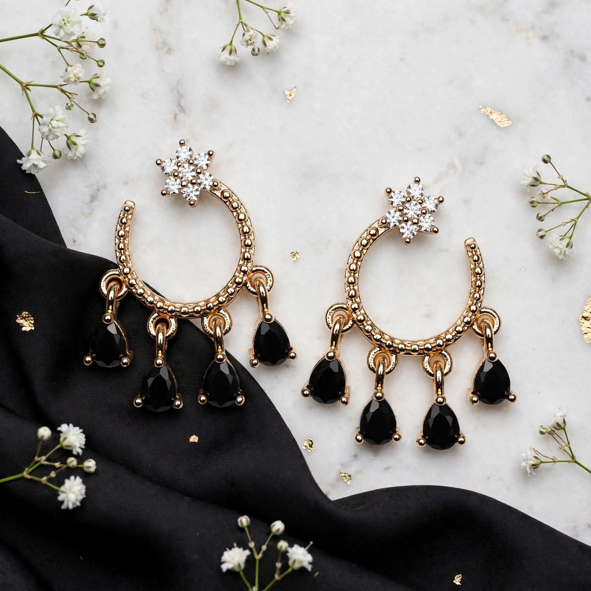 Gold Chandbali Earrings for Women Ruby Red, Black Onyx, Emerald Green & Peach Teardrop Huggie Jhumka | Traditional Pakistani Party Wear ✨🌙
