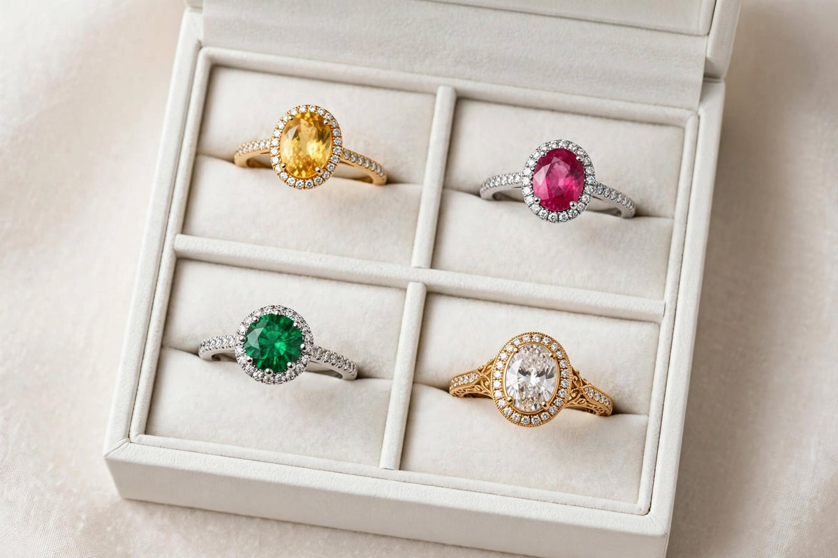 Birthstone Luxury 4-Piece Halo Rings Bundle 🌈💍 | Green Emerald, Smoky Brown, Sapphire Blue | Adjustable Birthstone Rings | BACHAT BEAT